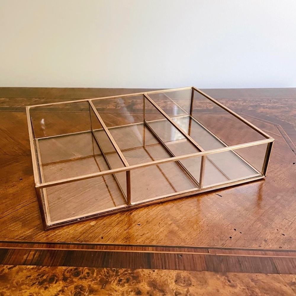 Vanity Tray Trinket Dish Catch-All Glass and Gold-Copper Metal